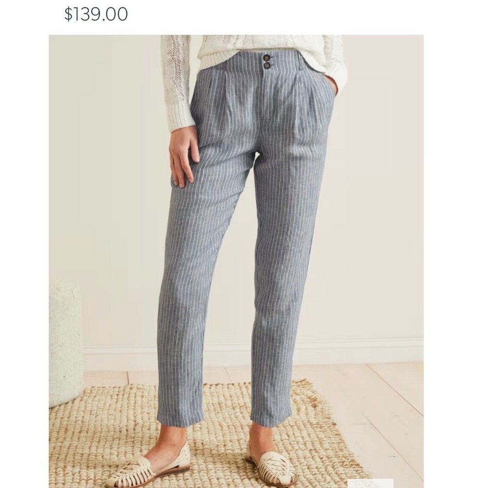 Garnet Hill Linen Trousers Womens 14 Blue Pinstripe NWT Pleated Tapered Pant